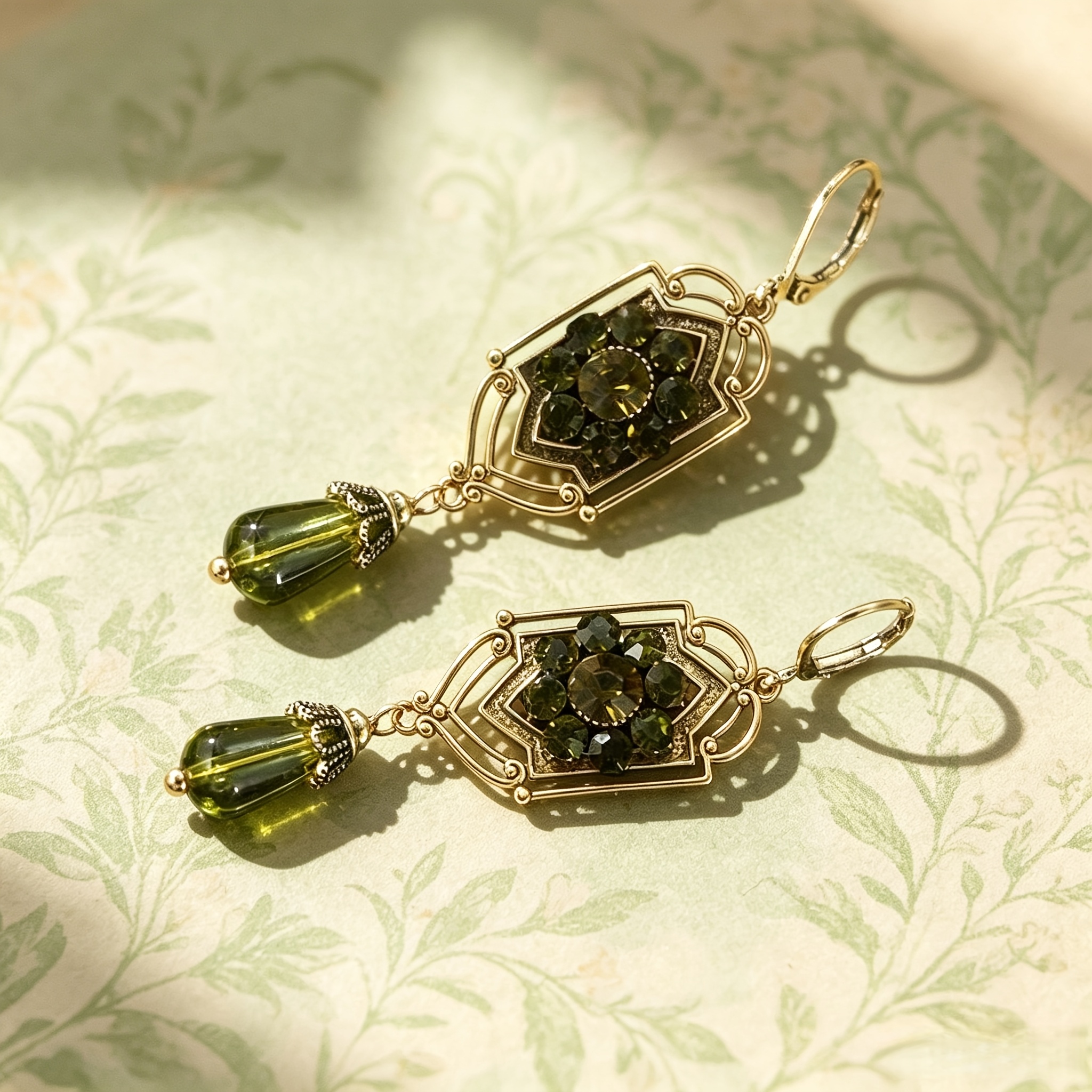 French-Style Art Deco Green Chandelier Earrings